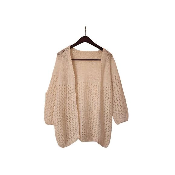 Handmade knit open front cardigan size medium cream color - Picture 1 of 6
